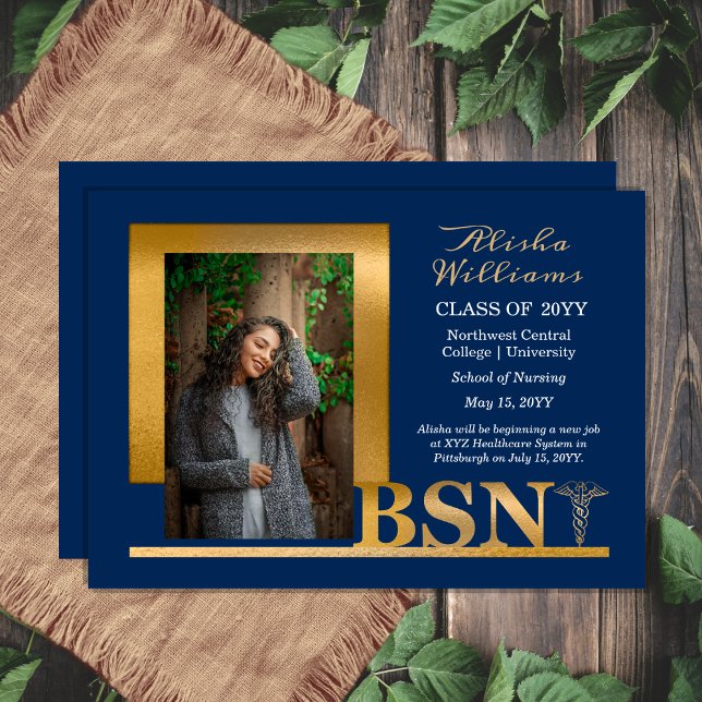 Anuncio Elegante Oro Clásico BSN Caduceus 1 Foto Dk Azul (Classy Elegant Gold Tone Caduceus and Blue One Photo Blue "BSN" Nurse Graduation Announcement )