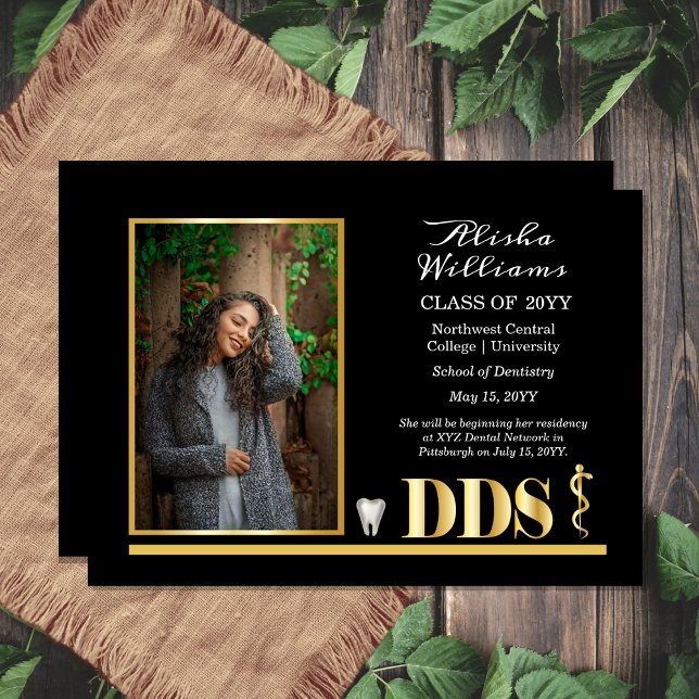 Anuncio Elegante Oro DDS Asclepius Dentist Graduación (Elegant Black and Gold Tone One Photo Asclepius Dentist Dental "DDS" Graduation Announcement )