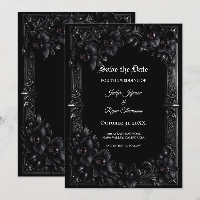 Anuncio Elegante Orquídea Negra gótico salvar la fecha de  (Anverso / Reverso)