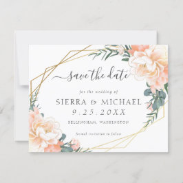 Anuncio Elegante Peach Gold Floral Dusty Blue Save the Dat