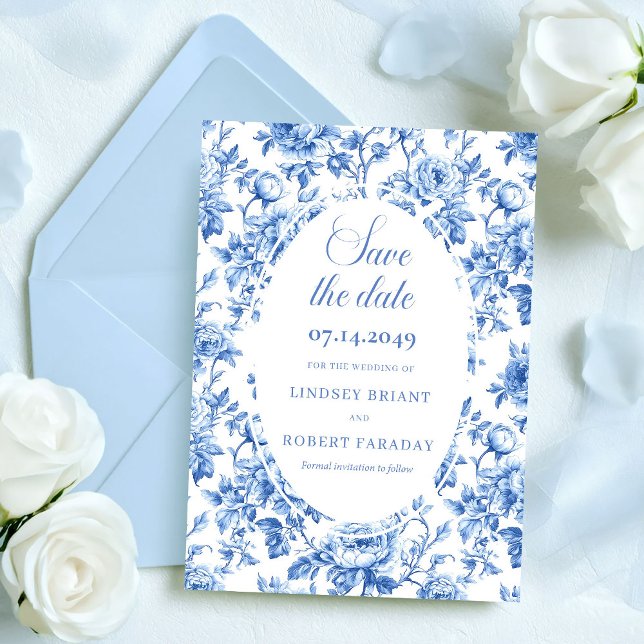 Anuncio Elegante Real Azul Toile Save the Date Coche de Bo (Elegant Royal Blue Toile Save the Date Wedding Card)