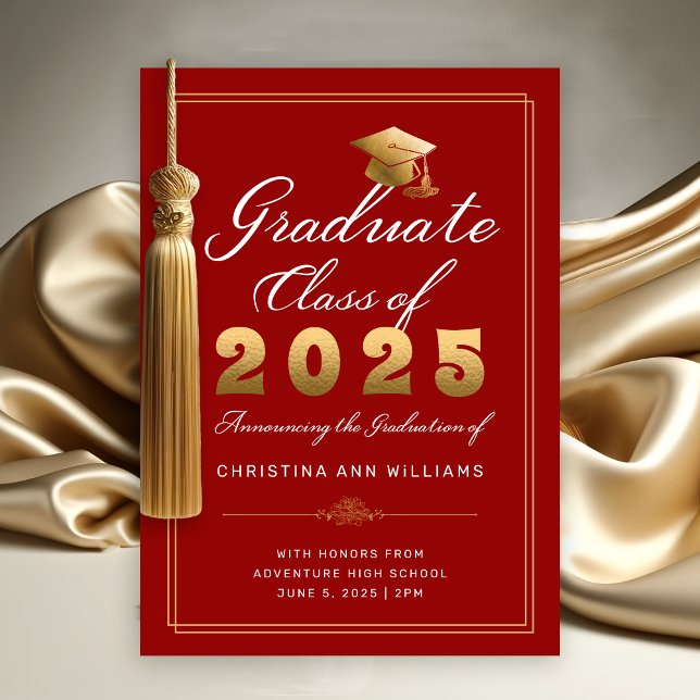 Anuncio Elegante Red Gold Script Clase de Graduación 2025 (Elegant Gold White Script on Red with thin gold frame Graduation Announcement)