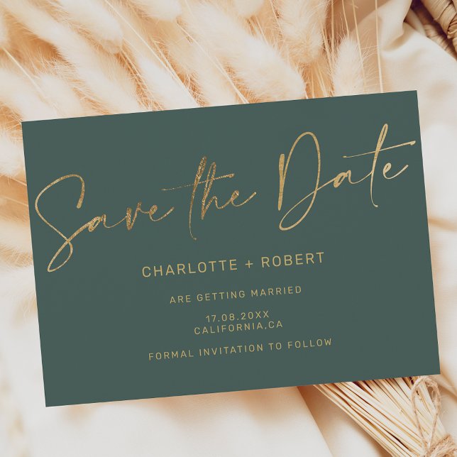 Anuncio Elegante Relieve metalizado dorado boda verde oscu (Elegant gold foil dark green wedding save the date announcement)