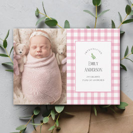 Anuncio Elegante Rosa Gingham Baby Girl 2 Photo Birth