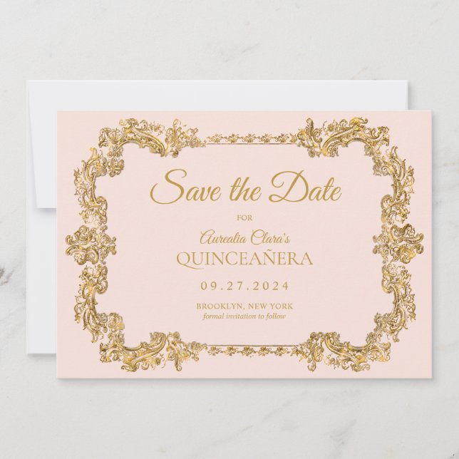 Anuncio Elegante Rubor clásico marco dorado rosa Quinceane (Anverso)