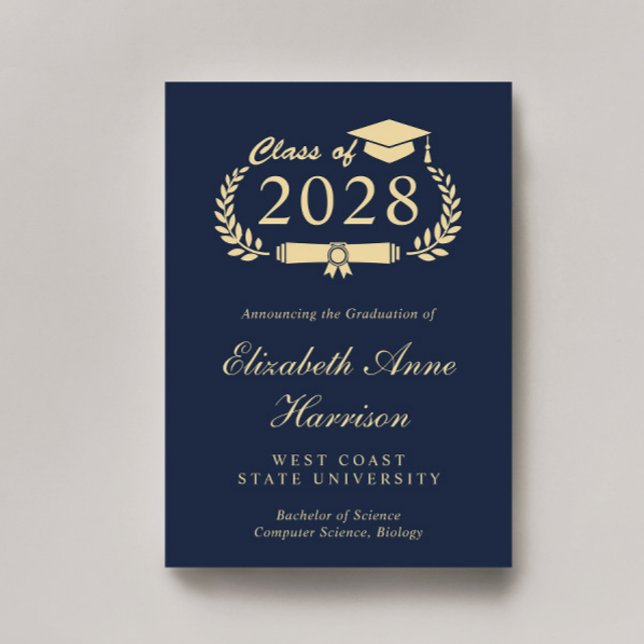 Anuncio Elegante Script Blue Gold College Graduación (Share the pride and excitement of your graduate's achievement with friends and family near and far)