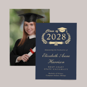 Anuncio Elegante Script Blue Gold Photo College Graduación