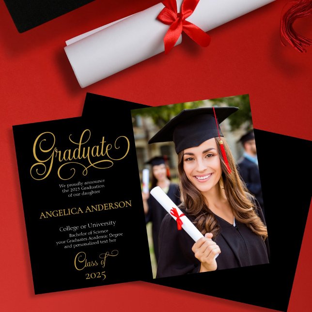 Anuncio Elegante Script Photo College Graduación universit (Elegant Script Photo College University Graduation Announcement - black background)