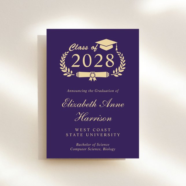 Anuncio Elegante Script Purple Gold College Graduación (Share the pride and excitement of your graduate's achievement with friends and family near and far)