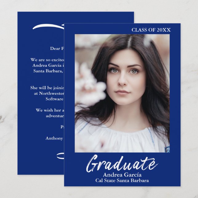 Anuncio Elegante texto blanco simple foto de graduado azul (Anverso / Reverso)