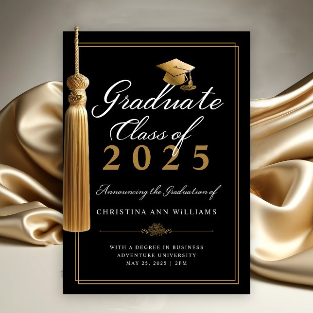 Anuncio Elegante White Gold Script Black College Graduació (Elegant Black Gold Script College Class of 2025 Graduation Announcement)