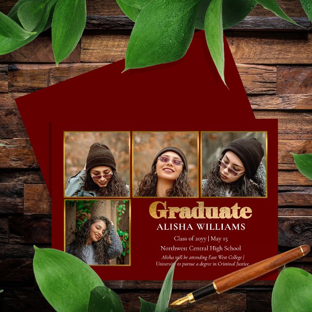Anuncio Elegante y elegante graduado de textos de oro 4 Fo (Classy Elegant Gold Tone Text "Graduate" 4 Photo Graduation Announcement -- Print | Digital Download)