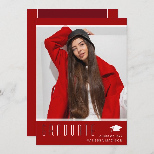 Anuncio Elegante y moderno Graduado Elegante Foto Rojo (Anverso / Reverso)