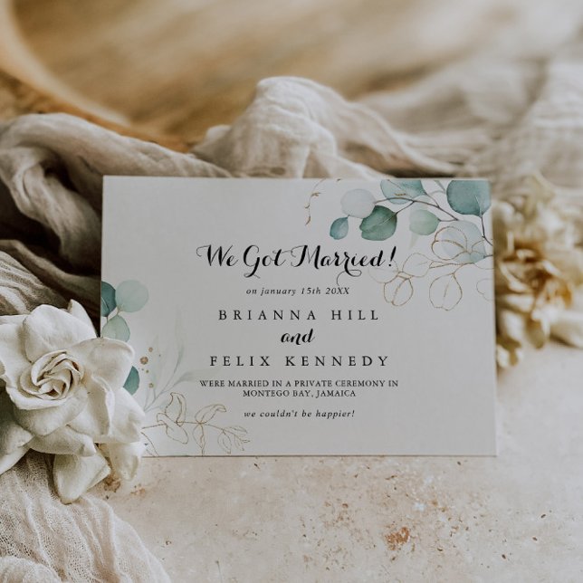 Anuncio Elopement rutic Eucalyptus Gold Calligraphy (Subido por el creador)