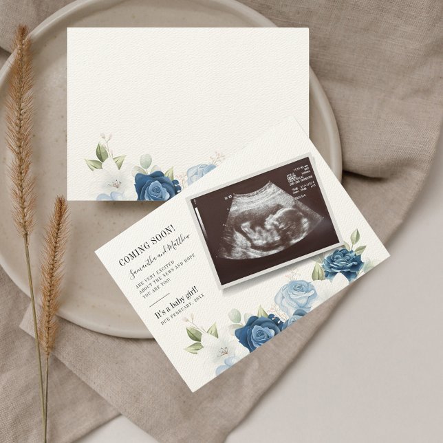 Anuncio Embarazo Botánico Floral (Dusty Blue Floral Sonogram Baby Scan Pregnancy Announcement)