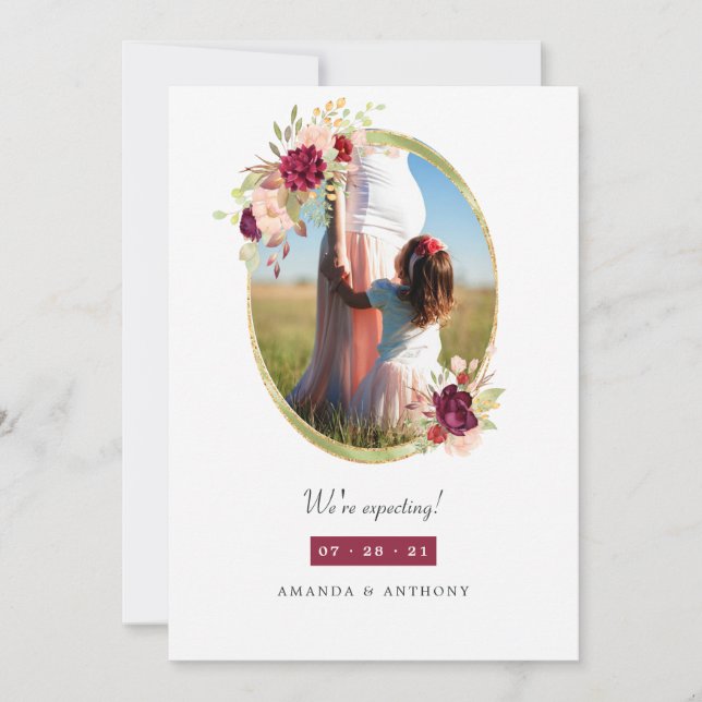 Anuncio Embarazo con flores geométricas de Borgoña y Rubor (Anverso)