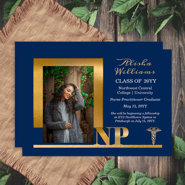 Anuncio Enfermera Practicante Elegant Blue Gold NP (Elegant blue and gold NP graduation announcement with modern photo layout)