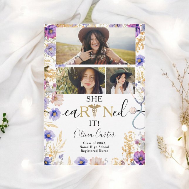 Anuncio Enfermera RN de Flor Silvestre Rústica 4 fotos Gra (Rustic Wildflower RN Nurse 4 photos Graduation Announcement)