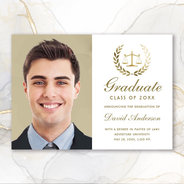 Anuncio Escalas de oro de la ley de justicia Graduación bl (Gold Scales of Justice Law White Photo Graduation Announcement)
