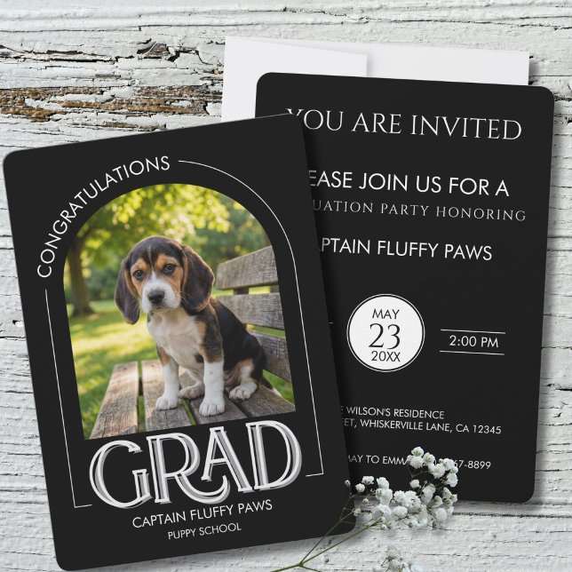 Anuncio Escuela de Entrenamiento de Perros Foto de Mascota (Black Dog graduation announcement . dog obedience training school)