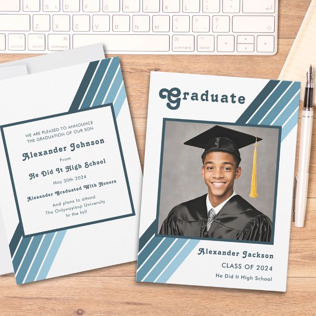 Anuncio Escuela Secundaria Retro Blue Stripe Grad Photo (Retro blue groovy 70s vintage grad photo high school graduation announcement card)
