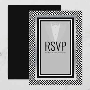 Anuncio Esmoquin negro, plata y blanco r.s.v.p