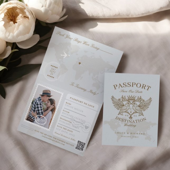Anuncio Estilo de Passport Guardar la fecha de la boda de  (Passport Style Save The Date Destination Wedding Announcement)