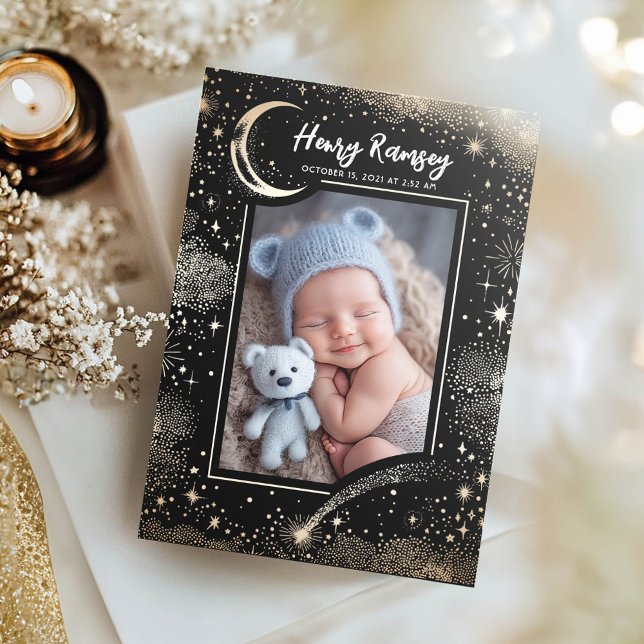Anuncio Estrellas Celestiales Cute Fotos de Recién Nacidas (Moon and Stars Black Birth Announcement Photo Card)
