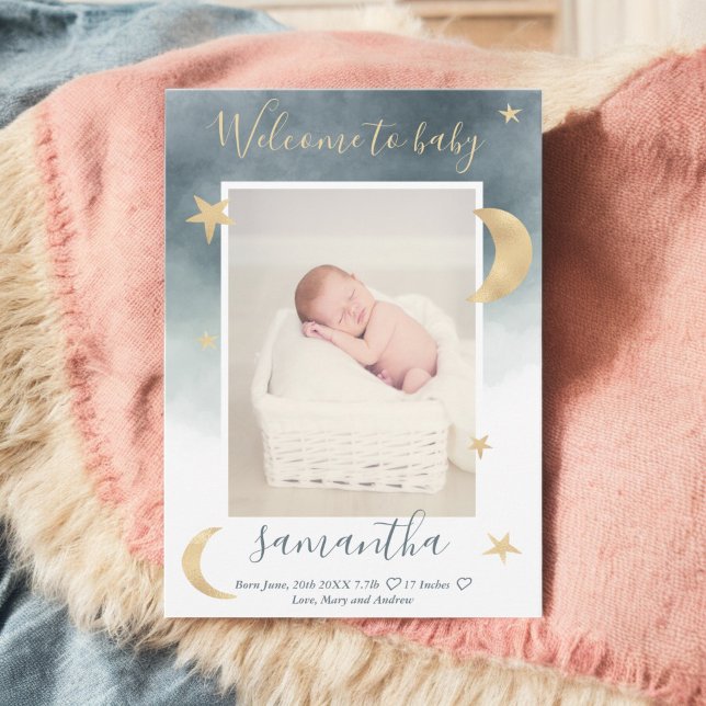 Anuncio Estrellas de luna de oro azul foto de nacimiento d (Gold moon stars blue watercolor photo baby birth announcement)