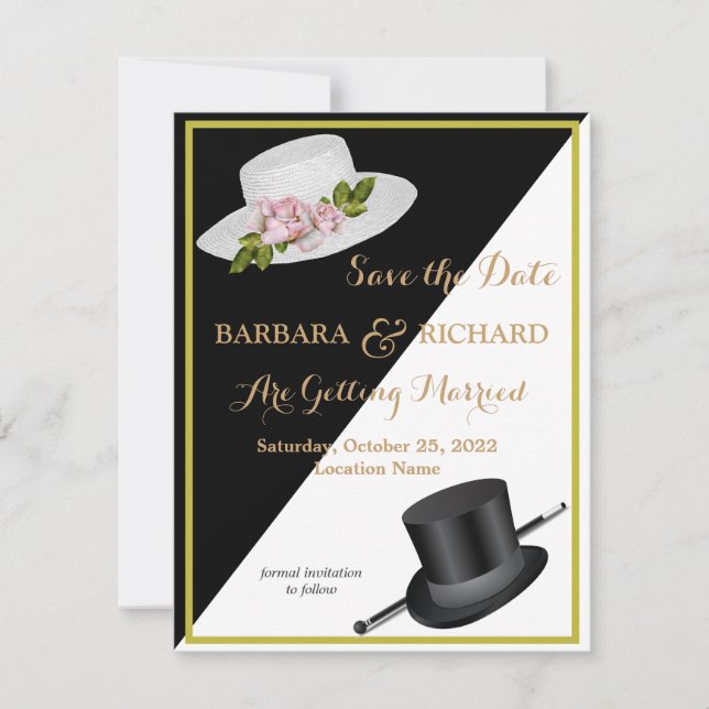 Anuncio Fecha de ahorro del Boda floral blanco y negro (Anverso)