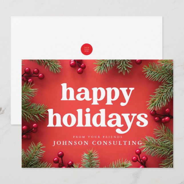 Anuncio Felices Fiestas Modernas Holly Berry Pine Needles  (Anverso / Reverso)