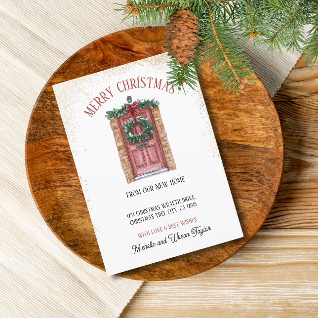 Anuncio Feliz Navidad desde la nueva guirnalda de la puert (christmas tree wreath on the red door)