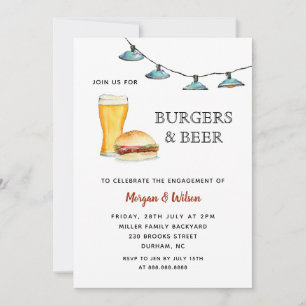 Anuncio fiesta de compromiso de hamburguesa y cerveza