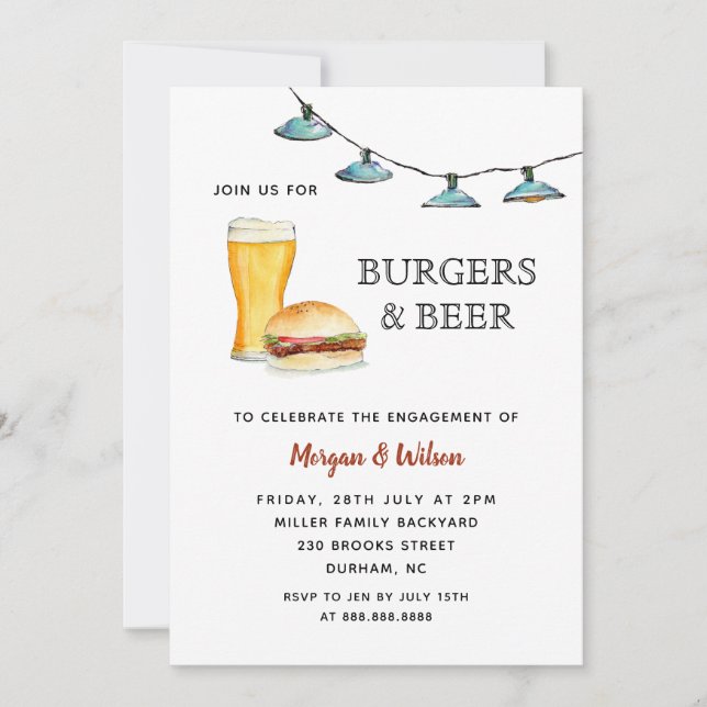 Anuncio fiesta de compromiso de hamburguesa y cerveza (Anverso)
