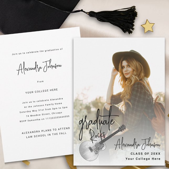 Anuncio Fiesta de Graduación con Fotos Modernas (Modern graduate photo country guitar music themed graduation party and announcement card)