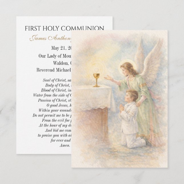 Anuncio First Communion Boy Angel Eucharist Prayer Card (Anverso / Reverso)