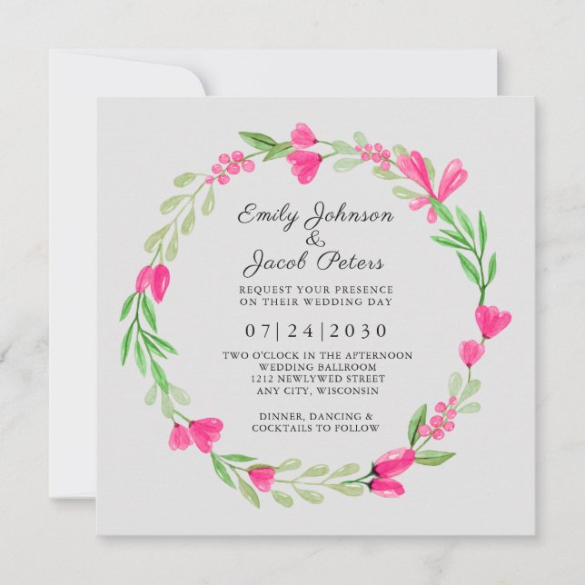 Anuncio Flor rosa Wreath Elegante Boda Floral Blanco (Anverso)