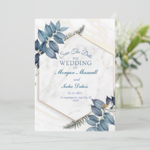 Anuncio floral azul con boda de mármol