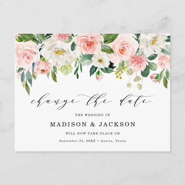 Anuncio Floral Rosado de Cambio de Fecha de Boda (Anverso)
