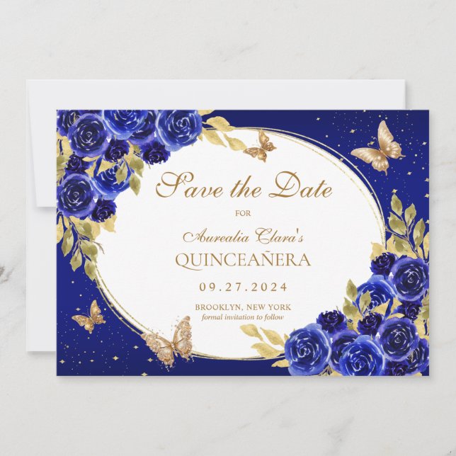 Anuncio Floral Royal Blue Gold Mariposa Quinceanera (Anverso)
