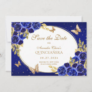 Anuncio Floral Royal Blue Gold Mariposa Quinceanera