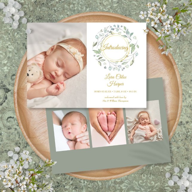 Anuncio Floral verde 4 foto bebé (Greenery Floral 4 Photo Baby Birth Announcement)