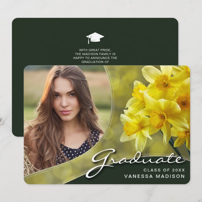 Anuncio Flores Amarillas de Elegant Script | Graduación de (Anverso / Reverso)