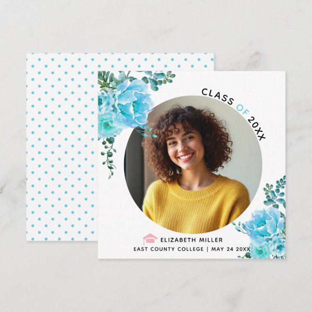 Anuncio Flores azul agua foto de graduación Clase 2026 (Anverso / Reverso)
