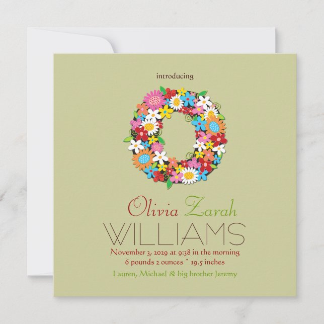 Anuncio Flores de primavera Monograma Bebé Foto Nacimiento (Anverso)