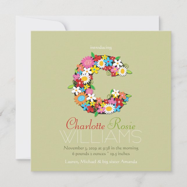 Anuncio Flores de primavera Monograma Bebé Foto Nacimiento (Anverso)