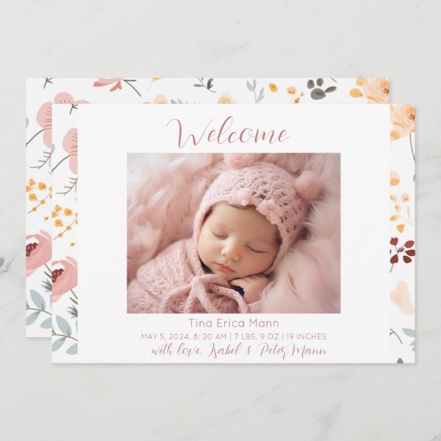 Anuncio Flores Pastel Bienvenida Bebé Nacimiento (Anverso / Reverso)