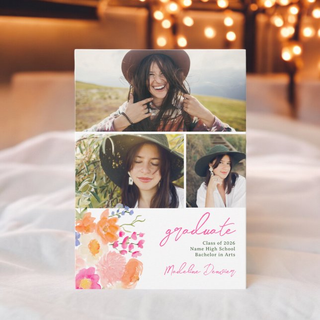 Anuncio Flores silvestres bohemias en negrita 3 fotos grad (Bohemian bold wildflowers 3 photos graduation announcement)