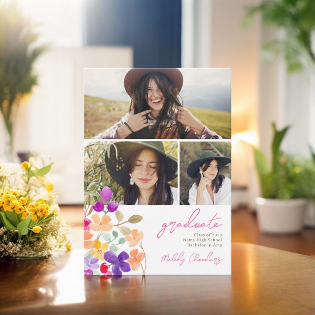 Anuncio Flores silvestres de jardín pintadas 3 fotos gradu (Painted garden wildflowers 3 photos graduation announcement)
