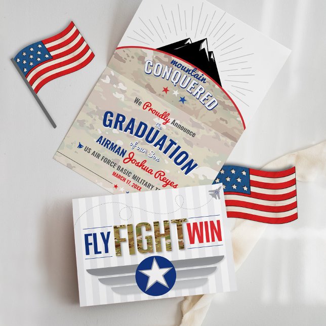 Anuncio Fly Fight Win Air Force BMT Graduación militar (Patriotic Air Force basic military training Mountain Conquered Fly Fight Win graduation announcement)